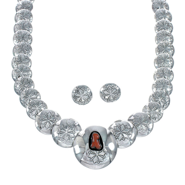 Navajo Reversible Sterling Silver and Coral Necklace Earrings Set SN20291
